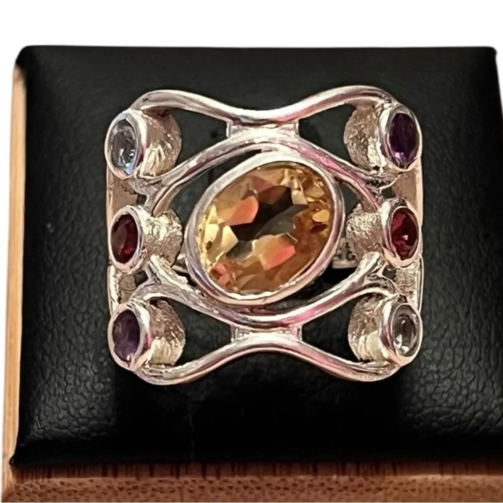 Stunning Sterling Silver Ring With Citrine Blue Topaz Garnet Amethyst Size 7